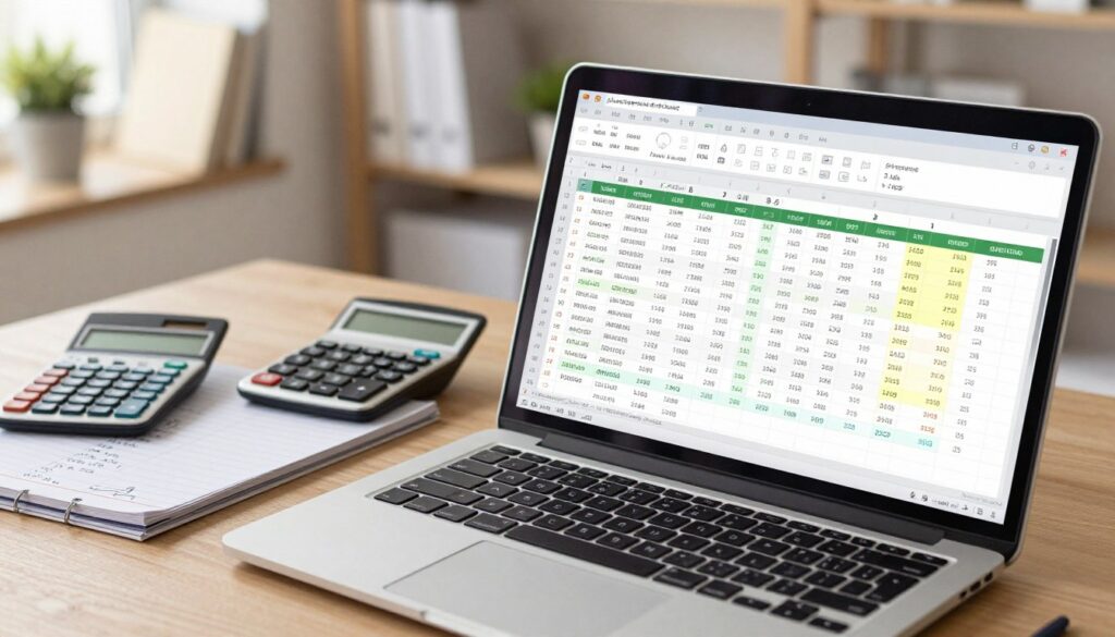 A visually engaging scene illustrating the concept of calculating averages from multiple cell ranges in Excel. In the foreground, a sleek laptop is open, displaying a colorful Excel spreadsheet filled with diverse data sets, highlighted cells, and formula bars. The middle layer features a calculator and a notepad with handwritten calculations, symbolizing dynamic computations. In the background, a softly lit modern office space adds warmth, with shelves of books and plants. The lighting is bright yet soft, creating an inviting atmosphere. The angle captures the laptop slightly from above, emphasizing the intricate details of the spreadsheet. The overall mood is professional and focused, ideal for an instructional context. A visually engaging scene illustrating the concept of calculating averages from multiple cell ranges in Excel. In the foreground, a sleek laptop is open, displaying a colorful Excel spreadsheet filled with diverse data sets, highlighted cells, and formula bars. The middle layer features a calculator and a notepad with handwritten calculations, symbolizing dynamic computations. In the background, a softly lit modern office space adds warmth, with shelves of books and plants. The lighting is bright yet soft, creating an inviting atmosphere. The angle captures the laptop slightly from above, emphasizing the intricate details of the spreadsheet. The overall mood is professional and focused, ideal for an instructional context.