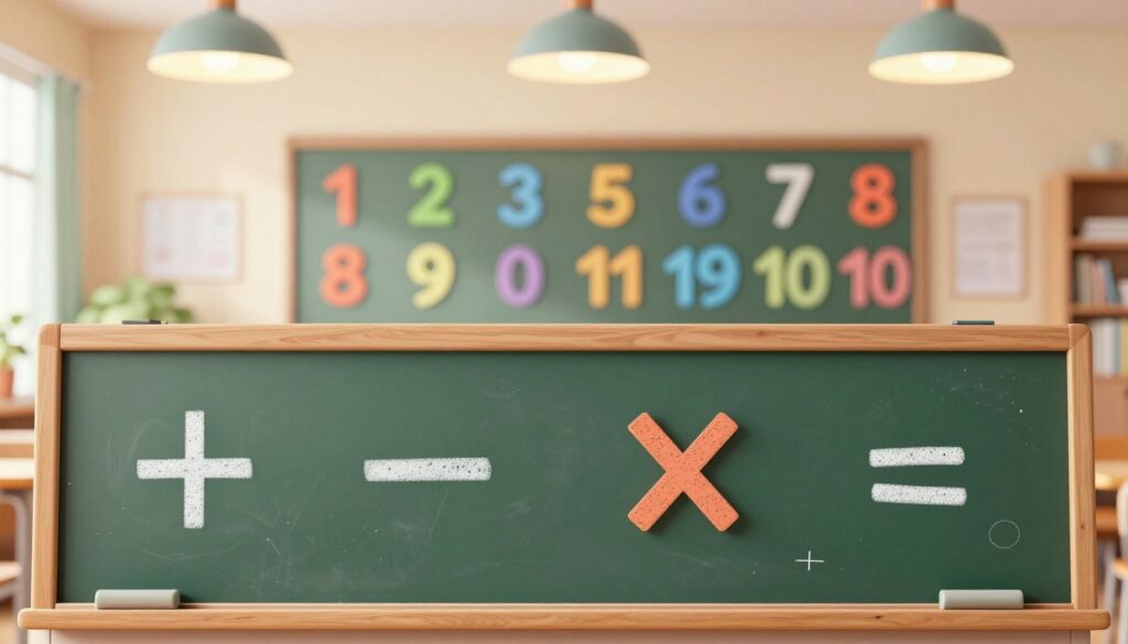 A visually striking, educational illustration depicting the four basic mathematical operations: addition, subtraction, multiplication, and division. In the foreground, a vibrant chalkboard filled with colorful mathematical symbols and equations representing each operation, such as "+" (addition), "−" (subtraction), "×" (multiplication), and "÷" (division). In the middle ground, a set of natural number examples, like the numbers 1 to 10, arranged neatly to highlight calculations for each operation. In the background, a serene classroom environment with soft, warm lighting emanating from overhead lights, creating an inviting atmosphere. The image should evoke a sense of learning and curiosity, emphasizing clarity and educational value without any text or distractions. A visually striking, educational illustration depicting the four basic mathematical operations: addition, subtraction, multiplication, and division. In the foreground, a vibrant chalkboard filled with colorful mathematical symbols and equations representing each operation, such as "+" (addition), "−" (subtraction), "×" (multiplication), and "÷" (division). In the middle ground, a set of natural number examples, like the numbers 1 to 10, arranged neatly to highlight calculations for each operation. In the background, a serene classroom environment with soft, warm lighting emanating from overhead lights, creating an inviting atmosphere. The image should evoke a sense of learning and curiosity, emphasizing clarity and educational value without any text or distractions.