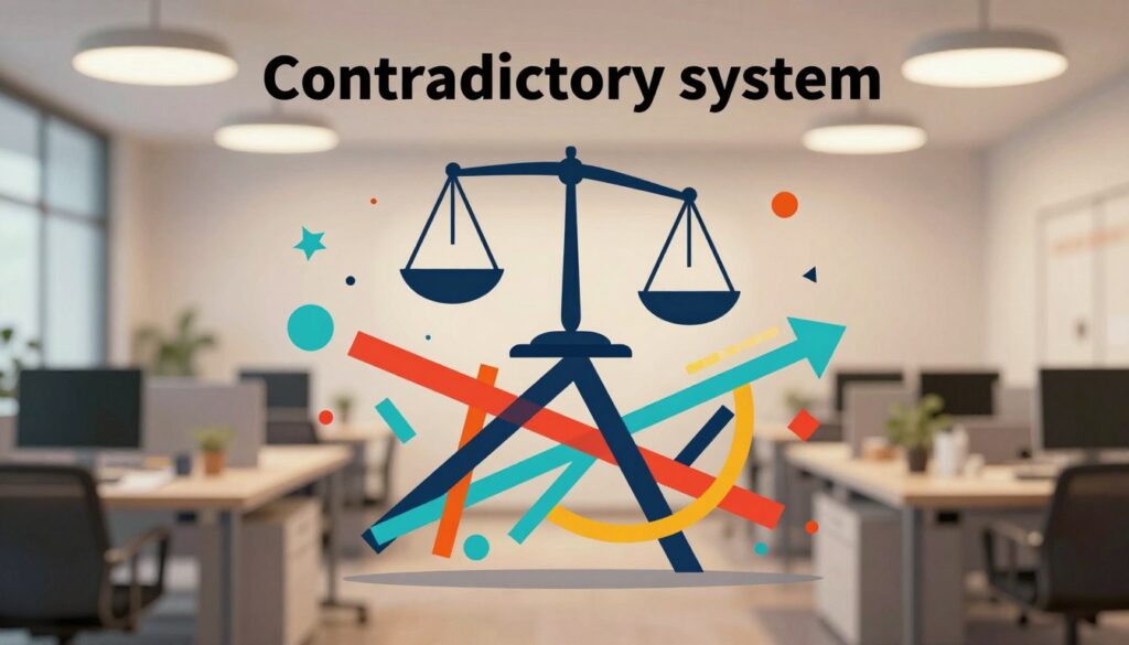 A visually striking illustration of a "contradictory system" represented through a geometric design. In the foreground, intersecting colorful lines and shapes form a chaotic yet intricate pattern, symbolizing conflicting elements. The middle layer reveals abstract representations of balance and imbalance, with scales tipping erratically, showcasing tension between opposing forces. In the background, a softly blurred office environment with modern lighting creates a professional atmosphere, hinting at analytical thought. Utilize a soft focus on the edges to draw attention to the central chaos, while warm lighting casts gentle shadows to enhance depth. The overall mood should convey intrigue, complexity, and the challenge of resolving contradictions, inviting viewers to ponder the intricacies of conflict resolution in systems.