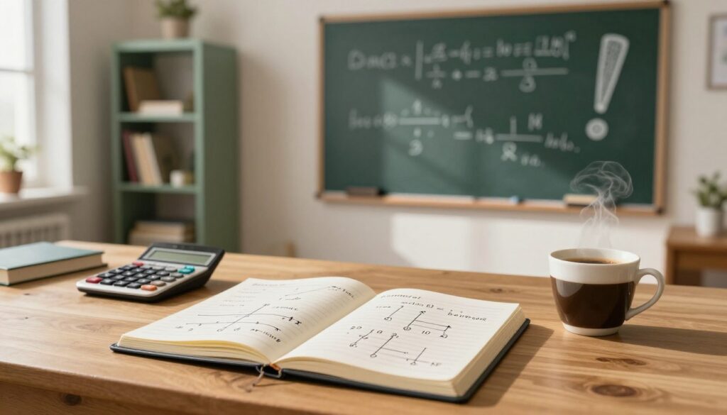 A well-organized desk in a softly lit study room, with warm wooden tones and a green bookshelf in the background. In the foreground, an open notebook displaying a detailed step-by-step guide on calculating factorials, with numbers and diagrams neatly drawn. A calculator is nearby, alongside a steaming cup of coffee. The middle ground features a large chalkboard with mathematical formulas and a vivid exclamation mark, symbolizing the factorial concept. Soft natural light filters through a window, casting gentle shadows, creating a calm and inviting atmosphere. The room should feel intellectual and cozy, ideal for studying math, with a focus on the concept of calculating factorials without distractions or text overlays.