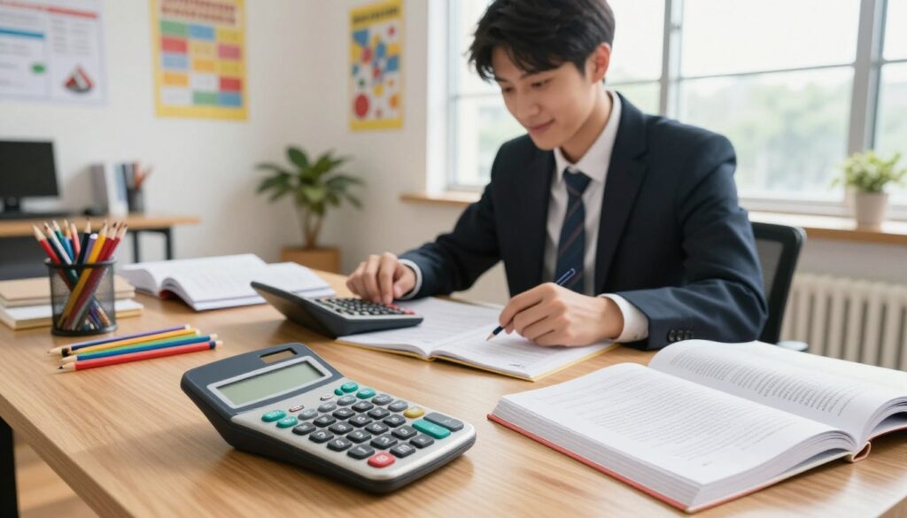 A well-organized study space featuring a selection of different calculators suitable for high school exams. In the foreground, a sleek, modern scientific calculator and a graphing calculator are placed on a wooden desk, surrounded by colorful stationery and open textbooks. The middle ground includes a young adult, dressed in professional business attire, thoughtfully comparing the calculators, with a slight smile, showing engagement. In the background, a well-lit room filled with educational posters and a large window filtering in natural light, creating a warm, inviting atmosphere. The angle captures the scene from a slightly elevated perspective to create a dynamic composition. The overall mood is focused and optimistic, reflecting preparation for important examinations. A well-organized study space featuring a selection of different calculators suitable for high school exams. In the foreground, a sleek, modern scientific calculator and a graphing calculator are placed on a wooden desk, surrounded by colorful stationery and open textbooks. The middle ground includes a young adult, dressed in professional business attire, thoughtfully comparing the calculators, with a slight smile, showing engagement. In the background, a well-lit room filled with educational posters and a large window filtering in natural light, creating a warm, inviting atmosphere. The angle captures the scene from a slightly elevated perspective to create a dynamic composition. The overall mood is focused and optimistic, reflecting preparation for important examinations.