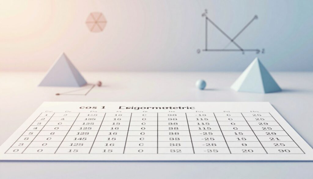 A well-organized, visually appealing table of trigonometric function values with a focus on cosine values from 0 to 90 degrees, prominently displaying "cos 1" alongside other key angles. The foreground features this table with clearly defined rows and columns in a clean, modern design, charted on a smooth surface. In the middle ground, softly blurred geometric shapes and graphs symbolize related mathematical concepts, adding depth without distraction. The background is a subtle gradient of pastel colors, creating a serene academic atmosphere. Soft, natural lighting enhances the clarity of the table, while a wide-angle perspective invites viewers to engage with the content. Overall, the mood exudes professionalism and knowledge, making it perfect for a mathematical discussion.