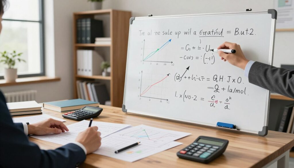 A well-organized workspace depicting practical methods for solving systems of equations. In the foreground, a professional-looking person in business attire analyzes a large whiteboard filled with mathematical equations and colorful graphs, using a marker to highlight key points. In the middle, various mathematical tools such as graphs, calculators, and textbooks are scattered across a sleek wooden desk, emphasizing a hands-on approach. The background features a modern office environment with bookshelves filled with academic texts. Soft, natural light filters through large windows, creating a bright and inspiring atmosphere. A warm color palette contributes to a motivating and focused mood, ideal for illustrating effective problem-solving techniques in mathematics. A well-organized workspace depicting practical methods for solving systems of equations. In the foreground, a professional-looking person in business attire analyzes a large whiteboard filled with mathematical equations and colorful graphs, using a marker to highlight key points. In the middle, various mathematical tools such as graphs, calculators, and textbooks are scattered across a sleek wooden desk, emphasizing a hands-on approach. The background features a modern office environment with bookshelves filled with academic texts. Soft, natural light filters through large windows, creating a bright and inspiring atmosphere. A warm color palette contributes to a motivating and focused mood, ideal for illustrating effective problem-solving techniques in mathematics.
