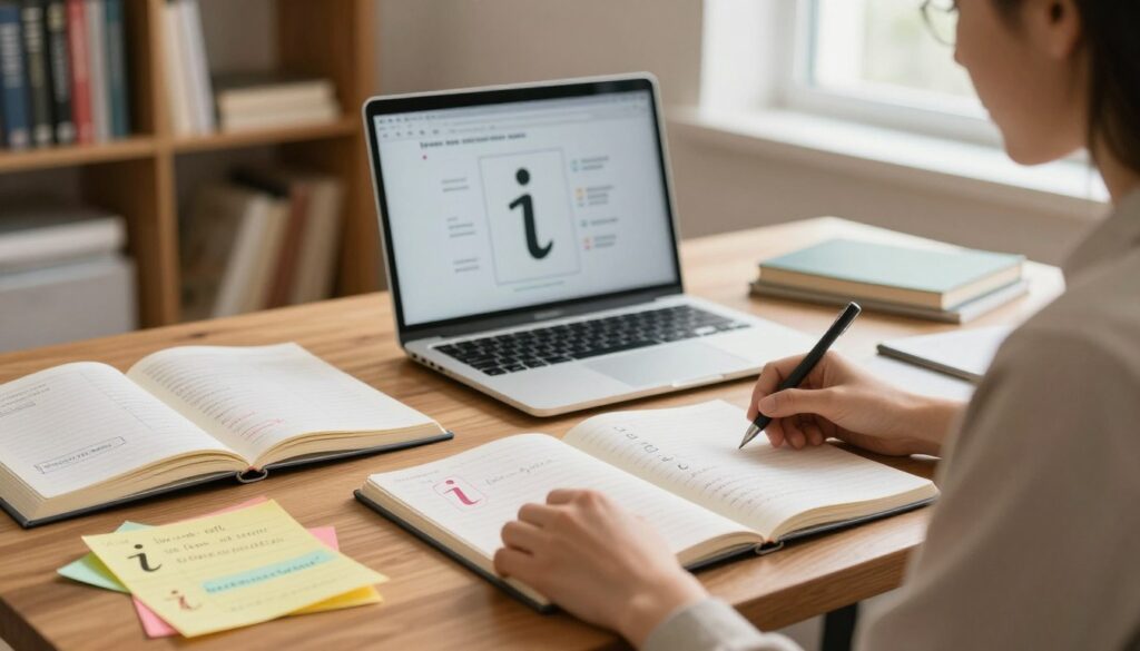 A well-organized workspace featuring a wooden desk with open notebooks displaying examples and exercises related to the letter "i" in a word. In the foreground, add colorful handwritten notes illustrating the different contexts of the letter "i". The middle ground shows a laptop with an educational diagram on the screen, highlighting the function of the letter "i". In the background, softly blurred shelves filled with language books create a scholarly atmosphere. The scene is illuminated by warm, natural light streaming through a window, inviting a sense of tranquility and focus. Capture the mood of learning and exploration as a professional educator, wearing modest business attire, observes the notes, fostering a dynamic educational environment.