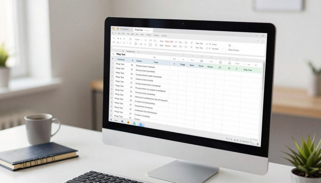 An Excel spreadsheet displayed on a sleek modern computer screen in a well-lit office environment. The foreground features a close-up of a worksheet where the "Wrap Text" option is activated, showing neatly formatted cells with multi-line text. In the middle, focus on the adjustment of row heights, emphasizing how the text fits perfectly within the cell boundaries. The background showcases a tidy desk with a notebook, a coffee mug, and soft natural light streaming through a window, creating an inviting and professional atmosphere. The image should convey a sense of organization and productivity, highlighting the effective use of Excel's text wrapping feature.