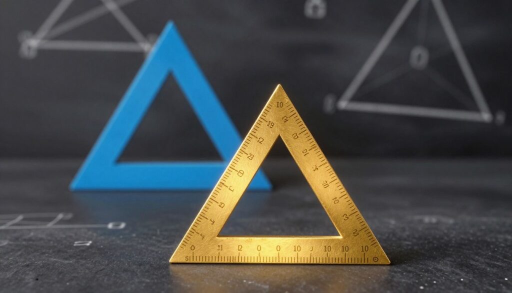 An arrangement of geometric shapes highlighting two specific cases of isosceles triangles in a clean, academic setting. In the foreground, a golden triangle is depicted, its angles elegantly measured, glowing softly under focused light, showcasing the golden ratio with vibrant colors emphasizing its proportions. In contrast, the middle ground features an equilateral triangle, perfectly symmetrical, with sharp, clear lines, rendered in a cool blue to contrast the warmth of the golden triangle. The background is a subtle chalkboard texture with faint geometric sketches, creating an educational atmosphere. Soft diffused lighting enhances the clarity of the triangles while creating a professional and inviting mood, suitable for a mathematical exploration. An arrangement of geometric shapes highlighting two specific cases of isosceles triangles in a clean, academic setting. In the foreground, a golden triangle is depicted, its angles elegantly measured, glowing softly under focused light, showcasing the golden ratio with vibrant colors emphasizing its proportions. In contrast, the middle ground features an equilateral triangle, perfectly symmetrical, with sharp, clear lines, rendered in a cool blue to contrast the warmth of the golden triangle. The background is a subtle chalkboard texture with faint geometric sketches, creating an educational atmosphere. Soft diffused lighting enhances the clarity of the triangles while creating a professional and inviting mood, suitable for a mathematical exploration.