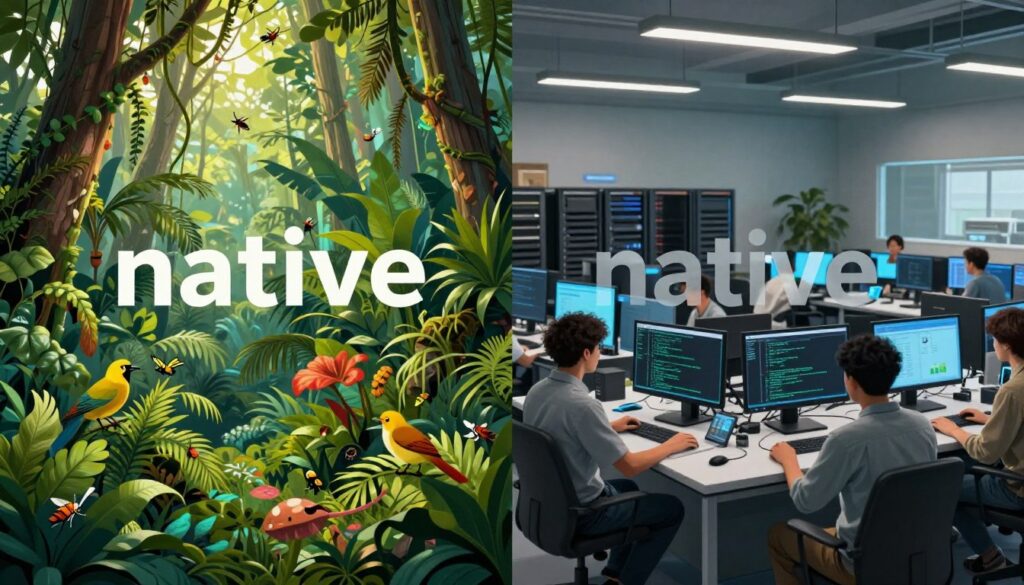 In a visually rich and informative split-scene illustration, on the left, depict a lush, vibrant rainforest ecosystem teeming with diverse flora and fauna, such as tropical plants, birds, and insects, symbolizing the term "native" in a biological context. On the right, visualize a modern computer lab crowded with sophisticated technology, displaying screens with coded algorithms, server racks, and programmers collaboratively engaging in tasks, representing "native" in the field of computer science. Use natural sunlight streaming through the trees on the left and cool, fluorescent lighting in the lab on the right to create contrast. Capture this dynamic comparison from a slightly elevated angle, giving viewers a comprehensive view of both environments, and evoke a sense of harmony between nature and technology. In a visually rich and informative split-scene illustration, on the left, depict a lush, vibrant rainforest ecosystem teeming with diverse flora and fauna, such as tropical plants, birds, and insects, symbolizing the term "native" in a biological context. On the right, visualize a modern computer lab crowded with sophisticated technology, displaying screens with coded algorithms, server racks, and programmers collaboratively engaging in tasks, representing "native" in the field of computer science. Use natural sunlight streaming through the trees on the left and cool, fluorescent lighting in the lab on the right to create contrast. Capture this dynamic comparison from a slightly elevated angle, giving viewers a comprehensive view of both environments, and evoke a sense of harmony between nature and technology.