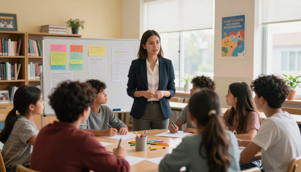 A busy classroom scene depicting the challenges of a teacher's work environment. In the foreground, a dedicated teacher in professional attire stands attentively beside a group of diverse students engaged in a group activity, showcasing both focus and collaboration. In the middle ground, a whiteboard filled with colorful charts and notes illustrates lesson plans and educational materials. The background features bookshelves and educational posters that represent a vibrant learning atmosphere. Soft, natural lighting filters in through large windows, creating a warm and inviting mood. The angle captures both the teacher's nurturing demeanor and the students' active participation, highlighting the dynamic nature of teaching and learning. A busy classroom scene depicting the challenges of a teacher's work environment. In the foreground, a dedicated teacher in professional attire stands attentively beside a group of diverse students engaged in a group activity, showcasing both focus and collaboration. In the middle ground, a whiteboard filled with colorful charts and notes illustrates lesson plans and educational materials. The background features bookshelves and educational posters that represent a vibrant learning atmosphere. Soft, natural lighting filters in through large windows, creating a warm and inviting mood. The angle captures both the teacher's nurturing demeanor and the students' active participation, highlighting the dynamic nature of teaching and learning.