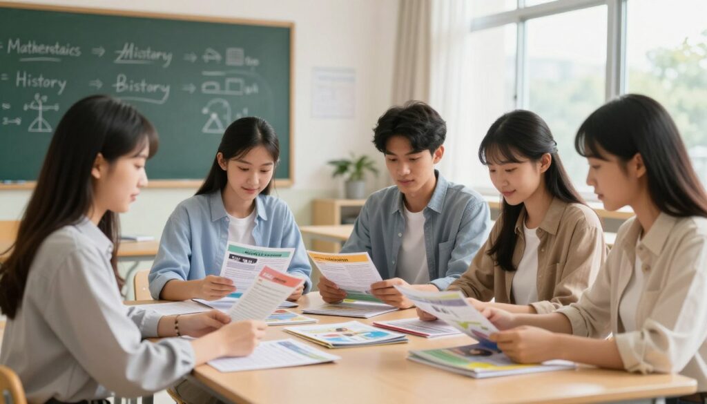 A calm, modern classroom setting where students are engaged in selecting additional subjects for their high school final exams. In the foreground, a diverse group of four students, two males and two females, are gathered around a table filled with colorful brochures and subject guides, dressed in smart casual clothing. In the middle ground, a chalkboard displays various subject options like Mathematics, History, and Biology, with visual icons symbolizing each subject. The background shows large windows allowing soft, natural light to flood the room, creating a warm and inviting atmosphere. The focus is on collaboration, decision-making, and the excitement of preparing for their futures, with a sense of hope and motivation in the air. A calm, modern classroom setting where students are engaged in selecting additional subjects for their high school final exams. In the foreground, a diverse group of four students, two males and two females, are gathered around a table filled with colorful brochures and subject guides, dressed in smart casual clothing. In the middle ground, a chalkboard displays various subject options like Mathematics, History, and Biology, with visual icons symbolizing each subject. The background shows large windows allowing soft, natural light to flood the room, creating a warm and inviting atmosphere. The focus is on collaboration, decision-making, and the excitement of preparing for their futures, with a sense of hope and motivation in the air.