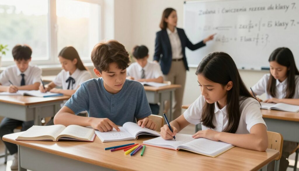 A classroom setting filled with middle school students engaged in advanced arithmetic exercises, representing "zadania i ćwiczenia rozszerzone dla klasy 7." In the foreground, two students, a boy and a girl, are collaborating at a wooden desk, surrounded by textbooks, notebooks, and colorful stationery. The boy is pointing at a math problem on the open notebook, while the girl is writing down notes. In the middle background, a teacher, dressed in professional attire, is providing guidance to another group of students at the whiteboard, which displays complex equations. The classroom has large windows letting in warm sunlight, creating a bright and inviting atmosphere. The mood is focused and collaborative, capturing the spirit of learning and teamwork in an educational environment. A classroom setting filled with middle school students engaged in advanced arithmetic exercises, representing "zadania i ćwiczenia rozszerzone dla klasy 7." In the foreground, two students, a boy and a girl, are collaborating at a wooden desk, surrounded by textbooks, notebooks, and colorful stationery. The boy is pointing at a math problem on the open notebook, while the girl is writing down notes. In the middle background, a teacher, dressed in professional attire, is providing guidance to another group of students at the whiteboard, which displays complex equations. The classroom has large windows letting in warm sunlight, creating a bright and inviting atmosphere. The mood is focused and collaborative, capturing the spirit of learning and teamwork in an educational environment.