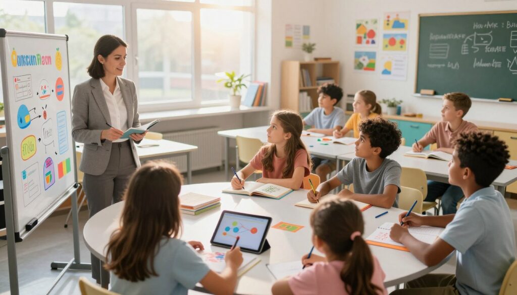 A classroom setting where a teacher is engaging with a diverse group of students, each showcasing their individual learning styles. In the foreground, a teacher in professional attire, using a colorful, interactive whiteboard filled with educational tools like charts and diagrams. In the middle, students of varying ages and backgrounds are seated at tables, collaborating with personalized learning materials such as books, tablets, and art supplies, reflecting tailored educational strategies. The background features a bright, well-organized classroom with motivational posters and a large window letting in soft, warm sunlight that creates an inviting atmosphere. The mood is supportive and dynamic, emphasizing inclusivity and adaptability in education, captured with a soft focus and a slightly elevated angle to encapsulate the whole scene.