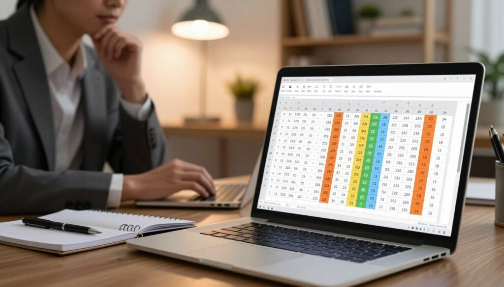 A clean, professional Excel spreadsheet displayed on a modern laptop, focused on a multiplication table. In the foreground, a close-up of the screen showing a colorful multiplication grid filled with numbers and formulas. The middle ground features a thoughtful person in business attire, intently working on the laptop, with a notepad and pen beside them for notes. The background includes a cozy office setting with shelves of books, plants, and soft lighting coming from a desk lamp. The overall atmosphere is focused and productive, emphasizing the methods of creating and using multiplication tables in Excel. The lighting is warm and inviting, with a shallow depth of field to draw attention to the spreadsheet.