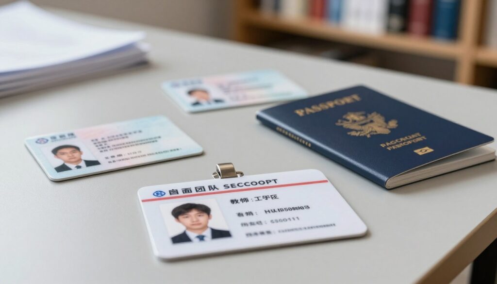 A clear comparison of various identity documents laid out on a modern, polished desk. In the foreground, prominently display a school ID card, featuring a student’s photograph and basic information. To the left, place a government-issued ID and to the right, a passport, showcasing distinct features such as official seals and holograms. The middle of the scene should include subtle shadows, hinting at a soft overhead light source, creating an inviting atmosphere. In the background, slightly blurred, add shelves filled with books and documents to imply a scholarly setting. Use a medium depth of field to focus on the ID cards while hinting at the environment’s educational context. The overall mood should be informative and professional, emphasizing the importance of identity verification.