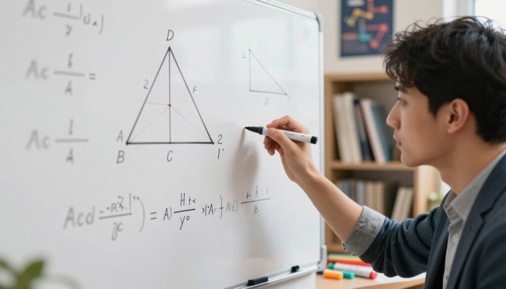 A close-up view of a mathematician solving problems on a large whiteboard featuring a right-angled isosceles triangle. The triangle is accurately drawn with clear labels for its sides and angles, surrounded by various equations and diagrams related to calculating its area. In the foreground, a focused individual, wearing smart casual attire, is holding a marker, deep in thought, contemplating the next step in the calculations. The middle ground showcases vibrant colored markers and math tools scattered on a desk. In the background, a softly lit classroom environment with shelves filled with books and mathematical posters creates an academic atmosphere. The lighting is bright yet warm, enhancing the inspiration and intensity of learning and problem-solving.