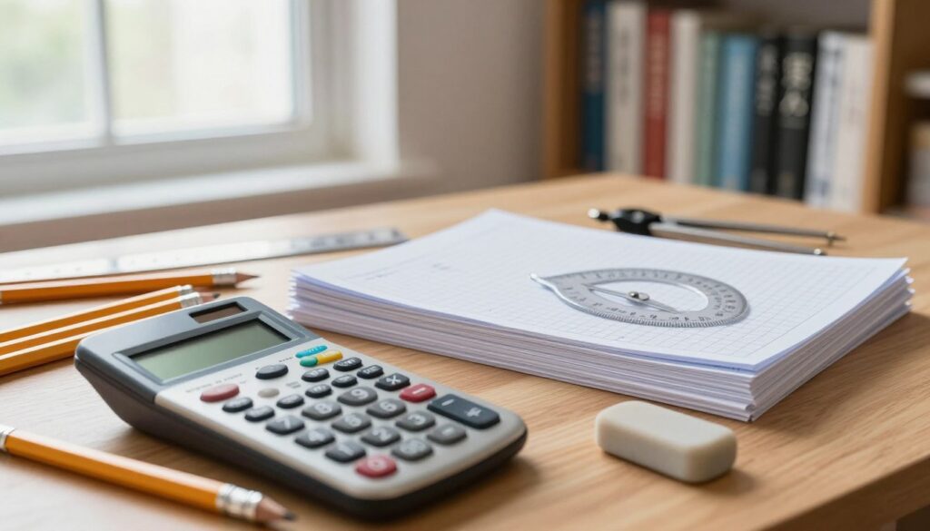 A close-up view of essential exam supplies for mathematics and sciences, elegantly arranged on a wooden desk. In the foreground, there are a well-used scientific calculator, a set of sharpened pencils, and an eraser. The middle ground features a stack of neatly organized graph paper and a protractor, enhancing the academic atmosphere. In the background, soft, diffused natural light filters through a large window, illuminating a bookshelf filled with textbooks on physics and mathematics. A ruler and a compass are subtly included to complete the ensemble. The overall mood is focused, calm, and scholarly, evoking a sense of preparation and determination, perfect for the vital moments before an exam. A close-up view of essential exam supplies for mathematics and sciences, elegantly arranged on a wooden desk. In the foreground, there are a well-used scientific calculator, a set of sharpened pencils, and an eraser. The middle ground features a stack of neatly organized graph paper and a protractor, enhancing the academic atmosphere. In the background, soft, diffused natural light filters through a large window, illuminating a bookshelf filled with textbooks on physics and mathematics. A ruler and a compass are subtly included to complete the ensemble. The overall mood is focused, calm, and scholarly, evoking a sense of preparation and determination, perfect for the vital moments before an exam.