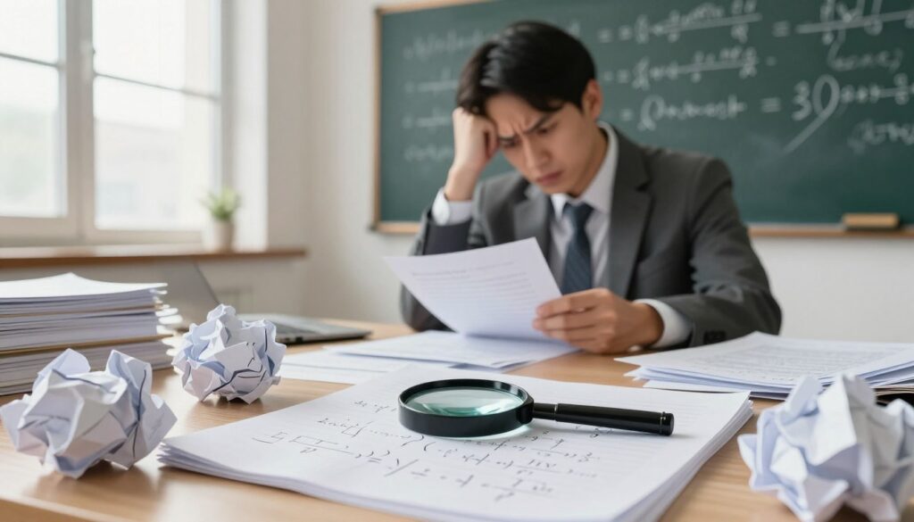 A cluttered desk in a brightly lit study room showcases an array of crumpled papers and an open notebook filled with messy equations. In the foreground, there is a magnifying glass placed over a complex equation, symbolizing a close examination of errors. Middle ground features a person seated at the desk, wearing professional business attire, with a furrowed brow, looking perplexed while cross-referencing notes. In the background, a chalkboard filled with scribbled equations and highlighted errors adds context to the difficulties involved. Soft, natural lighting streams in from a window, creating a focused yet slightly chaotic atmosphere, evoking the struggle of verifying mathematical statements. The scene conveys both frustration and determination. A cluttered desk in a brightly lit study room showcases an array of crumpled papers and an open notebook filled with messy equations. In the foreground, there is a magnifying glass placed over a complex equation, symbolizing a close examination of errors. Middle ground features a person seated at the desk, wearing professional business attire, with a furrowed brow, looking perplexed while cross-referencing notes. In the background, a chalkboard filled with scribbled equations and highlighted errors adds context to the difficulties involved. Soft, natural lighting streams in from a window, creating a focused yet slightly chaotic atmosphere, evoking the struggle of verifying mathematical statements. The scene conveys both frustration and determination.