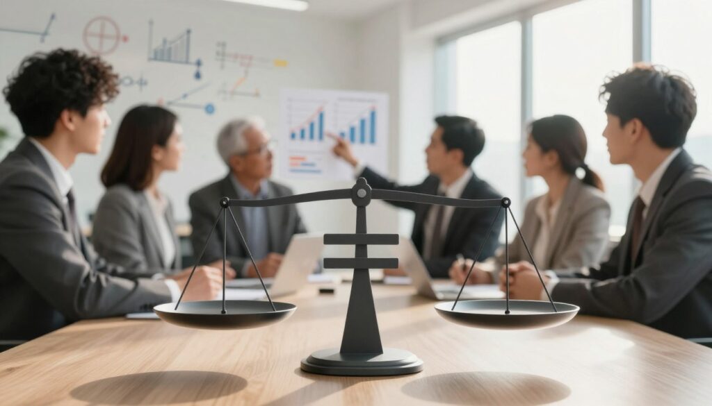 A conceptual representation of the interpretation of inequalities, focusing on the greater than or equal to symbol. In the foreground, a sleek, modern digital scale with the symbol prominently displayed, symbolizing balance and comparison. In the middle ground, a diverse group of professionals in business attire, engaged in discussion, pointing at graphs and charts that illustrate various inequalities and their implications. The background features a softly blurred office environment with abstract representations of mathematical equations and data, illuminated by warm, natural light coming through large windows, creating a calm and focused atmosphere. Aim for a clean, professional composition that conveys clarity and analytical thought. A conceptual representation of the interpretation of inequalities, focusing on the greater than or equal to symbol. In the foreground, a sleek, modern digital scale with the symbol prominently displayed, symbolizing balance and comparison. In the middle ground, a diverse group of professionals in business attire, engaged in discussion, pointing at graphs and charts that illustrate various inequalities and their implications. The background features a softly blurred office environment with abstract representations of mathematical equations and data, illuminated by warm, natural light coming through large windows, creating a calm and focused atmosphere. Aim for a clean, professional composition that conveys clarity and analytical thought.
