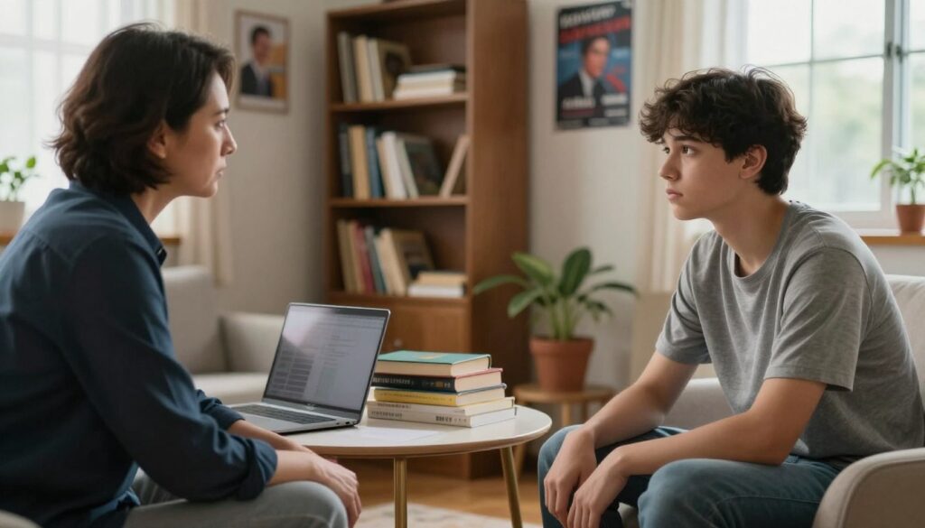 A concerned adult and a teenager are seated across from each other in a cozy, softly lit room, deep in conversation about school-related issues. The foreground features the adult, a middle-aged person in professional attire, showing empathy and care in their expression. The teenager, dressed casually, looks reflective yet troubled, glancing out the window, symbolizing their inner conflict. The middle ground includes a small coffee table with a stack of books and a laptop, suggesting the topic of study and the weight of academic expectations. The background reveals a bookshelf filled with educational materials and motivational posters, creating a supportive environment. Soft, natural lighting filters through the window, enhancing the warm, inviting atmosphere, capturing a moment of genuine connection and understanding. A concerned adult and a teenager are seated across from each other in a cozy, softly lit room, deep in conversation about school-related issues. The foreground features the adult, a middle-aged person in professional attire, showing empathy and care in their expression. The teenager, dressed casually, looks reflective yet troubled, glancing out the window, symbolizing their inner conflict. The middle ground includes a small coffee table with a stack of books and a laptop, suggesting the topic of study and the weight of academic expectations. The background reveals a bookshelf filled with educational materials and motivational posters, creating a supportive environment. Soft, natural lighting filters through the window, enhancing the warm, inviting atmosphere, capturing a moment of genuine connection and understanding.