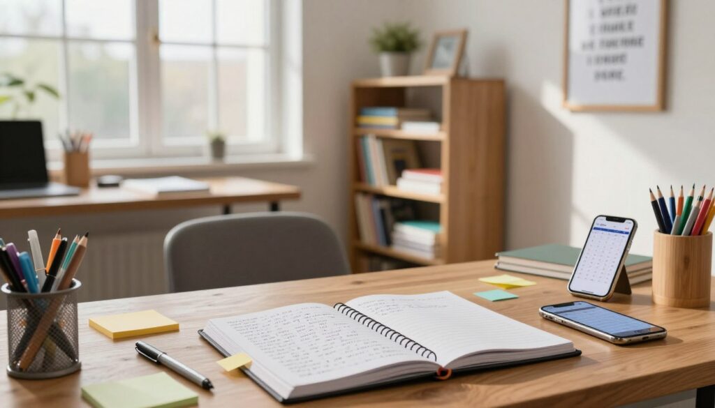 A cozy, well-organized school office filled with inspiration for a pedagogue's journal entries. In the foreground, a wooden desk with an open journal filled with handwritten notes, colorful sticky notes, and a neatly arranged set of pens. To the right, a smartphone displaying a timetable, and an inspiring quote framed on the wall. In the middle, a comfortable chair and a bookshelf filled with educational resources, books on pedagogy, and art supplies. The background features large windows allowing soft, natural light to fill the room, casting gentle shadows. The atmosphere is warm and inviting, promoting creativity and reflection, perfect for a school pedagogue to gather ideas and document student progress. A cozy, well-organized school office filled with inspiration for a pedagogue's journal entries. In the foreground, a wooden desk with an open journal filled with handwritten notes, colorful sticky notes, and a neatly arranged set of pens. To the right, a smartphone displaying a timetable, and an inspiring quote framed on the wall. In the middle, a comfortable chair and a bookshelf filled with educational resources, books on pedagogy, and art supplies. The background features large windows allowing soft, natural light to fill the room, casting gentle shadows. The atmosphere is warm and inviting, promoting creativity and reflection, perfect for a school pedagogue to gather ideas and document student progress.