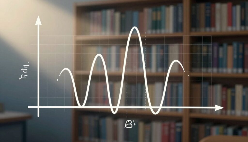 A detailed analysis of a trigonometric function graph featuring asymptotes. In the foreground, depict a stylized graph with clearly marked axes, sine or cosine waves oscillating, and distinct vertical asymptotes represented as dashed lines. The middle ground should display mathematical annotations and a grid overlay to enhance clarity. The background can feature a soft gradient suggesting a classroom environment with shelves filled with books related to mathematics. Use dramatic lighting to create a sense of focus on the graph, highlighting the curves and asymptotes. The atmosphere should be academic yet inviting, embodying the spirit of exploration in mathematics. No text or watermarks in the image.