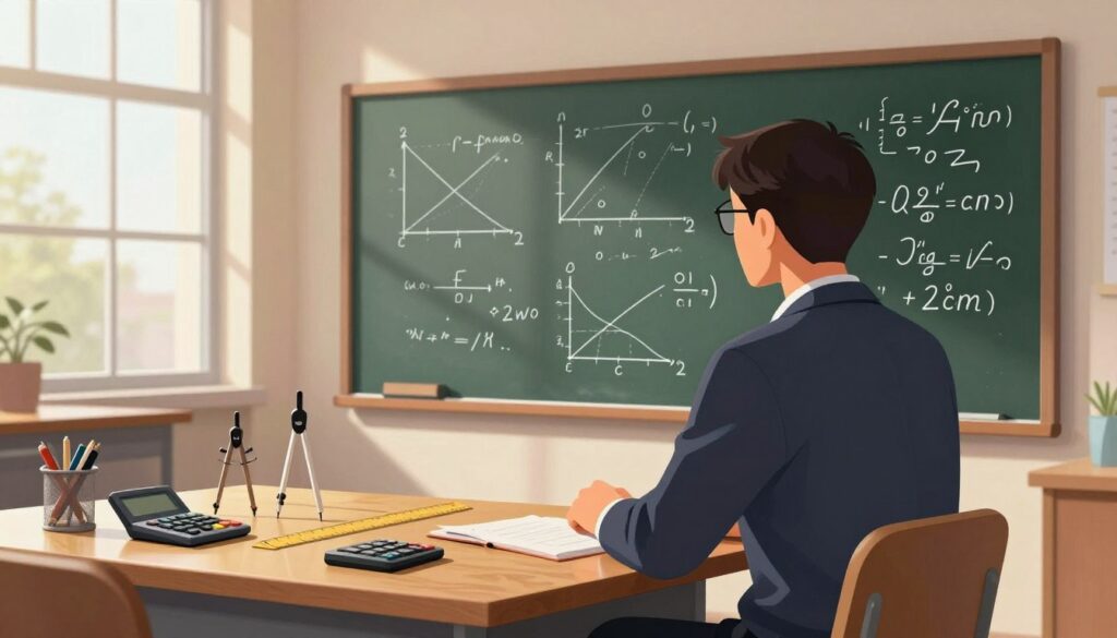 A detailed and vibrant illustration representing the analysis of equations with parameters in mathematics. In the foreground, a confident mathematician in professional attire, contemplating a large chalkboard filled with complex equations and graphs. In the middle ground, an assortment of mathematical tools like compasses, rulers, and calculators arranged neatly on a sleek wooden table. The background showcases a modern classroom or study with large windows allowing natural light to illuminate the scene, casting soft shadows. The atmosphere is focused yet inspirational, emphasizing a sense of discovery and problem-solving. The lighting is warm and inviting, enhancing the intellectual environment necessary for tackling mathematical challenges. A detailed and vibrant illustration representing the analysis of equations with parameters in mathematics. In the foreground, a confident mathematician in professional attire, contemplating a large chalkboard filled with complex equations and graphs. In the middle ground, an assortment of mathematical tools like compasses, rulers, and calculators arranged neatly on a sleek wooden table. The background showcases a modern classroom or study with large windows allowing natural light to illuminate the scene, casting soft shadows. The atmosphere is focused yet inspirational, emphasizing a sense of discovery and problem-solving. The lighting is warm and inviting, enhancing the intellectual environment necessary for tackling mathematical challenges.