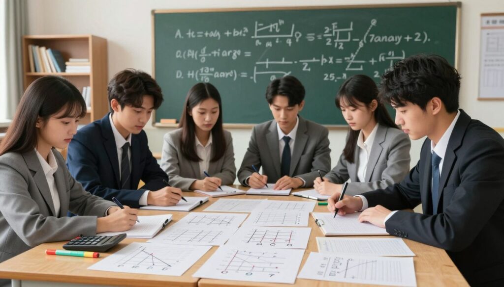 A detailed classroom setting depicting practical exercises on linear inequalities and equations. In the foreground, a wooden desk cluttered with graph paper, a calculator, and colorful markers. On the desk, visual aids illustrating linear graphs and inequality symbols. In the middle ground, a chalkboard filled with solved equations and inequalities, showcasing step-by-step processes. Students in professional business attire, engaged in group work, analyzing the problems together, their expressions focused and collaborative. Soft, warm lighting illuminates the room, creating an inviting atmosphere conducive to learning. In the background, shelves filled with textbooks and mathematical resources. The overall mood is educational and inspiring, emphasizing teamwork and problem-solving in mathematics. A detailed classroom setting depicting practical exercises on linear inequalities and equations. In the foreground, a wooden desk cluttered with graph paper, a calculator, and colorful markers. On the desk, visual aids illustrating linear graphs and inequality symbols. In the middle ground, a chalkboard filled with solved equations and inequalities, showcasing step-by-step processes. Students in professional business attire, engaged in group work, analyzing the problems together, their expressions focused and collaborative. Soft, warm lighting illuminates the room, creating an inviting atmosphere conducive to learning. In the background, shelves filled with textbooks and mathematical resources. The overall mood is educational and inspiring, emphasizing teamwork and problem-solving in mathematics.
