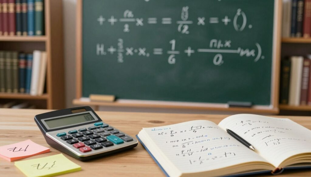 A detailed composition illustrating algebraic expression notation techniques. In the foreground, a neatly arranged desk featuring a classic calculator, colorful sticky notes with algebraic symbols, and an open notebook filled with handwritten equations in blue and black ink. In the middle ground, a chalkboard displaying key algebraic notations like addition, subtraction, and simplification methods. In the background, soft, ambient lighting creates a scholarly atmosphere, with bookshelves lined with mathematics textbooks. Use warm tones to evoke an inviting study space. The image should convey a sense of focus and professionalism, emphasizing the organization and methods that simplify algebraic expressions. No text or overlay. A detailed composition illustrating algebraic expression notation techniques. In the foreground, a neatly arranged desk featuring a classic calculator, colorful sticky notes with algebraic symbols, and an open notebook filled with handwritten equations in blue and black ink. In the middle ground, a chalkboard displaying key algebraic notations like addition, subtraction, and simplification methods. In the background, soft, ambient lighting creates a scholarly atmosphere, with bookshelves lined with mathematics textbooks. Use warm tones to evoke an inviting study space. The image should convey a sense of focus and professionalism, emphasizing the organization and methods that simplify algebraic expressions. No text or overlay.
