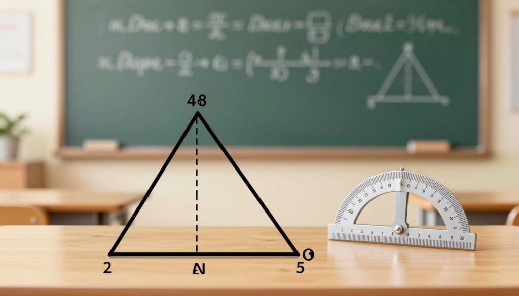 A detailed, educational illustration depicting the calculation of height in an obtuse triangle. In the foreground, accurately drawn geometric shapes showcasing an obtuse triangle, with clearly marked dimensions and angles. The height is illustrated with a dashed line from the vertex opposite the obtuse angle to the base, highlighting the measurement. In the middle ground, a protractor and ruler are placed, symbolizing the tools used for these calculations. The background features a softly blurred classroom environment with a chalkboard displaying mathematical formulas related to triangles, infused with warm lighting to create an inviting learning atmosphere. The image conveys a sense of clarity and professionalism, emphasizing logical thought and mathematical precision, with a focus on educational content. A detailed, educational illustration depicting the calculation of height in an obtuse triangle. In the foreground, accurately drawn geometric shapes showcasing an obtuse triangle, with clearly marked dimensions and angles. The height is illustrated with a dashed line from the vertex opposite the obtuse angle to the base, highlighting the measurement. In the middle ground, a protractor and ruler are placed, symbolizing the tools used for these calculations. The background features a softly blurred classroom environment with a chalkboard displaying mathematical formulas related to triangles, infused with warm lighting to create an inviting learning atmosphere. The image conveys a sense of clarity and professionalism, emphasizing logical thought and mathematical precision, with a focus on educational content.