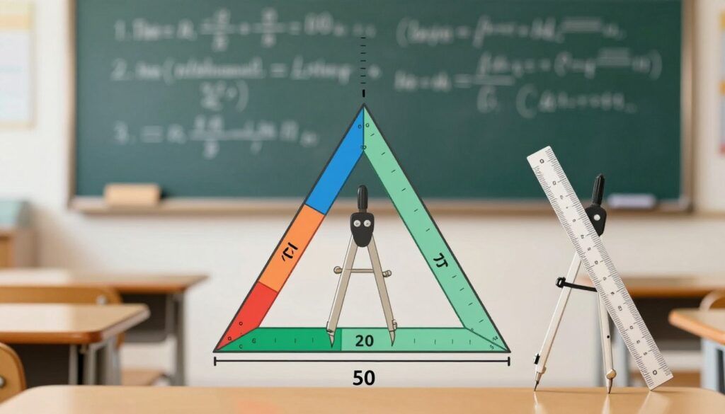 A detailed, educational illustration of methods for calculating the height of a triangle based on the lengths of its sides. In the foreground, prominently display a well-labeled triangular diagram with side lengths indicated. Use different colors to represent the various segments. In the middle, include geometric tools like a compass and ruler, as if they are being used to demonstrate calculations. In the background, create a softly blurred classroom setting, with a chalkboard displaying relevant formulas and notes, creating an academic atmosphere. Use soft, natural lighting to enhance clarity and focus on the triangle. The mood should be informative and focused, suitable for educational purposes. A detailed, educational illustration of methods for calculating the height of a triangle based on the lengths of its sides. In the foreground, prominently display a well-labeled triangular diagram with side lengths indicated. Use different colors to represent the various segments. In the middle, include geometric tools like a compass and ruler, as if they are being used to demonstrate calculations. In the background, create a softly blurred classroom setting, with a chalkboard displaying relevant formulas and notes, creating an academic atmosphere. Use soft, natural lighting to enhance clarity and focus on the triangle. The mood should be informative and focused, suitable for educational purposes.