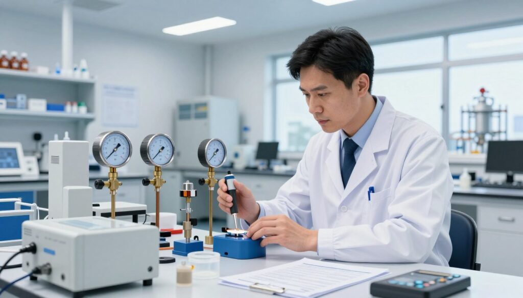 A detailed illustration depicting formal requirements for pressure units in a scientific context. In the foreground, a focused scientist in professional business attire examines calibration instruments and pressure gauges on a well-organized desk, featuring precise measurement devices and documentation. The middle ground highlights a clean, modern laboratory setting with white walls, bright fluorescent lighting, and shelves filled with scientific equipment. In the background, a large window lets in natural light, revealing a view of an industrial complex where pressure measurements are essential. The atmosphere is serious and professional, conveying a sense of diligence and accuracy in scientific procedures. Emphasize clarity and detail in the instrumentation, with an emphasis on formal documentation related to pressure regulations.