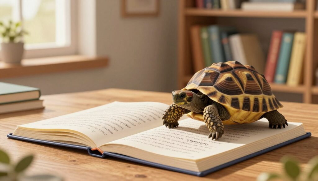 A detailed illustration focusing on a tortoise, symbolizing the topic of spelling, for the section "Practical Tips: How to Spell 'Tortoise'." In the foreground, a realistic tortoise is slowly moving across a colorful, open book lying on a wooden table. The book's pages are slightly turned, revealing beautifully handwritten notes on spelling tips. In the middle ground, soft, warm light filters through a window, illuminating the scene and creating gentle shadows. The background includes a cozy room with bookshelves filled with various educational books and a small indoor plant for added warmth and life. The mood is inviting and informative, encouraging learning and exploration in a serene, scholarly atmosphere. A detailed illustration focusing on a tortoise, symbolizing the topic of spelling, for the section "Practical Tips: How to Spell 'Tortoise'." In the foreground, a realistic tortoise is slowly moving across a colorful, open book lying on a wooden table. The book's pages are slightly turned, revealing beautifully handwritten notes on spelling tips. In the middle ground, soft, warm light filters through a window, illuminating the scene and creating gentle shadows. The background includes a cozy room with bookshelves filled with various educational books and a small indoor plant for added warmth and life. The mood is inviting and informative, encouraging learning and exploration in a serene, scholarly atmosphere.