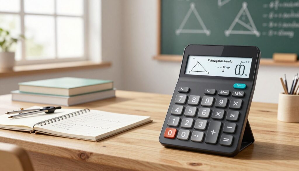 A detailed illustration of a Pythagorean theorem calculator, set in a light-filled, modern study environment. In the foreground, the calculator, designed with an elegant and sleek touchscreen interface, displays mathematical calculations related to the lengths of a right triangle's sides. In the middle ground, a wooden desk is cluttered with geometry textbooks, a compass, and a notepad filled with equations. Soft, natural light filters through large windows, casting gentle shadows that create a warm, inviting atmosphere. In the background, a chalkboard shows geometric shapes and calculations, further emphasizing the theme of triangle properties. Capture a sense of academic focus and curiosity in this image, emphasizing the exploration of alternative methods for determining triangle side lengths.