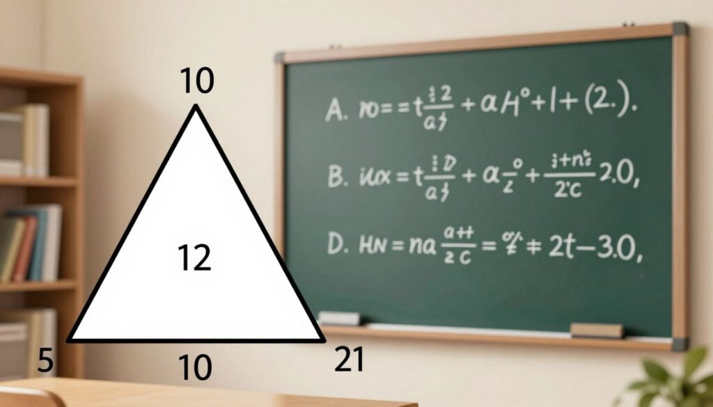 A detailed illustration of an isosceles triangle with labeled sides and angles, demonstrating the calculations for its perimeter. The foreground features a clear, accurate diagram of the triangle with measurements and a formula for the perimeter visibly displayed. In the middle ground, include a chalkboard or whiteboard in a classroom setting, with calculations neatly written out, showing step-by-step examples of perimeter calculations using real-life scenarios. The background depicts a warm, academic environment with bookshelves and soft lighting, creating a studious atmosphere. The focus should be on clarity and educational value, with an inviting, engaging presentation that draws the viewer into the topic. The image should be vibrant, with a sense of professionalism and focus on geometry concepts.