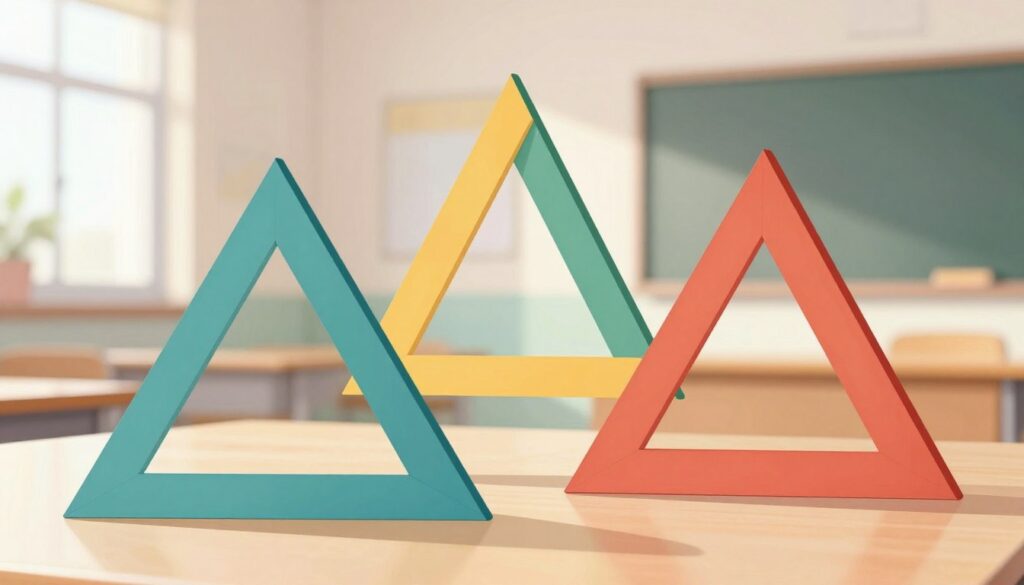 A detailed illustration of special cases of triangles, prominently featuring an equilateral triangle, an isosceles triangle, and a right triangle arranged in a visually balanced composition. In the foreground, the equilateral triangle should be perfectly symmetrical, showcasing equal sides and angles. The middle section features the isosceles triangle, highlighting its two equal sides and a different base, providing a contrast to the equilateral shape. The right triangle takes the background position, emphasizing its right angle and distinct geometric properties. The setting is a bright, well-lit classroom environment, with natural light streaming through windows, casting soft shadows. The mood is educational and inspiring, ideal for illustrating geometric concepts clearly. The triangles are colored with distinct hues to enhance differentiation, with clear, crisp outlines showing their structures without any text or additional elements. A detailed illustration of special cases of triangles, prominently featuring an equilateral triangle, an isosceles triangle, and a right triangle arranged in a visually balanced composition. In the foreground, the equilateral triangle should be perfectly symmetrical, showcasing equal sides and angles. The middle section features the isosceles triangle, highlighting its two equal sides and a different base, providing a contrast to the equilateral shape. The right triangle takes the background position, emphasizing its right angle and distinct geometric properties. The setting is a bright, well-lit classroom environment, with natural light streaming through windows, casting soft shadows. The mood is educational and inspiring, ideal for illustrating geometric concepts clearly. The triangles are colored with distinct hues to enhance differentiation, with clear, crisp outlines showing their structures without any text or additional elements.