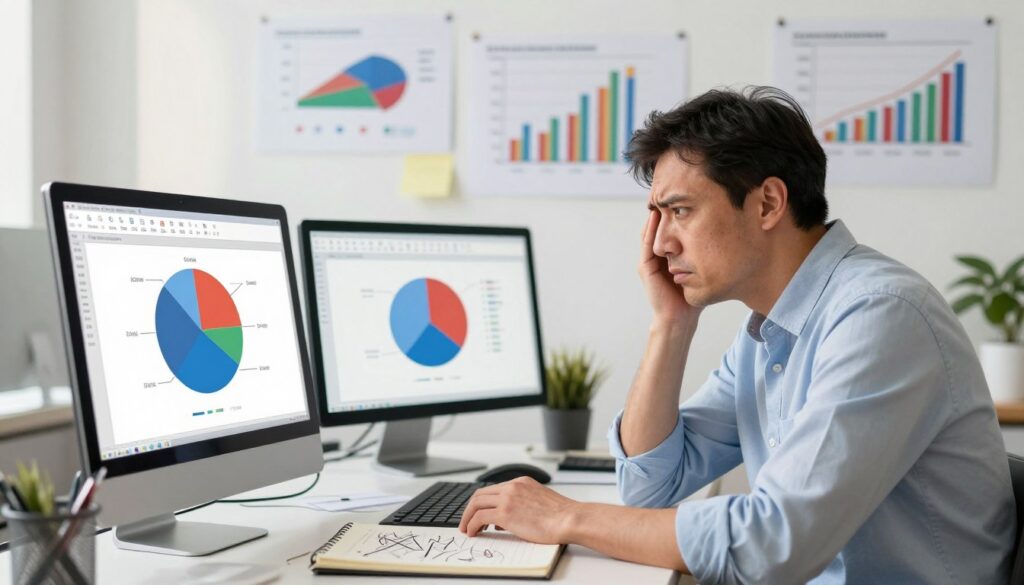 A detailed illustration showcasing the concept of limitations and challenges when creating charts in Excel. In the foreground, display a frustrated business professional, a middle-aged man in a smart casual outfit, reviewing a pie chart on a computer screen. In the middle ground, include a cluttered desk with a notebook filled with scribbles, illustrating brainstorming struggles. The background should feature a wall with pinned notes or charts representing common pitfalls in Excel chart creation, like overlapping data labels, color clashes, or misaligned graphs. The lighting should be bright, resembling an office environment, casting soft shadows for depth. The mood should reflect a blend of inquiry and frustration, capturing the hurdles faced in data visualization.