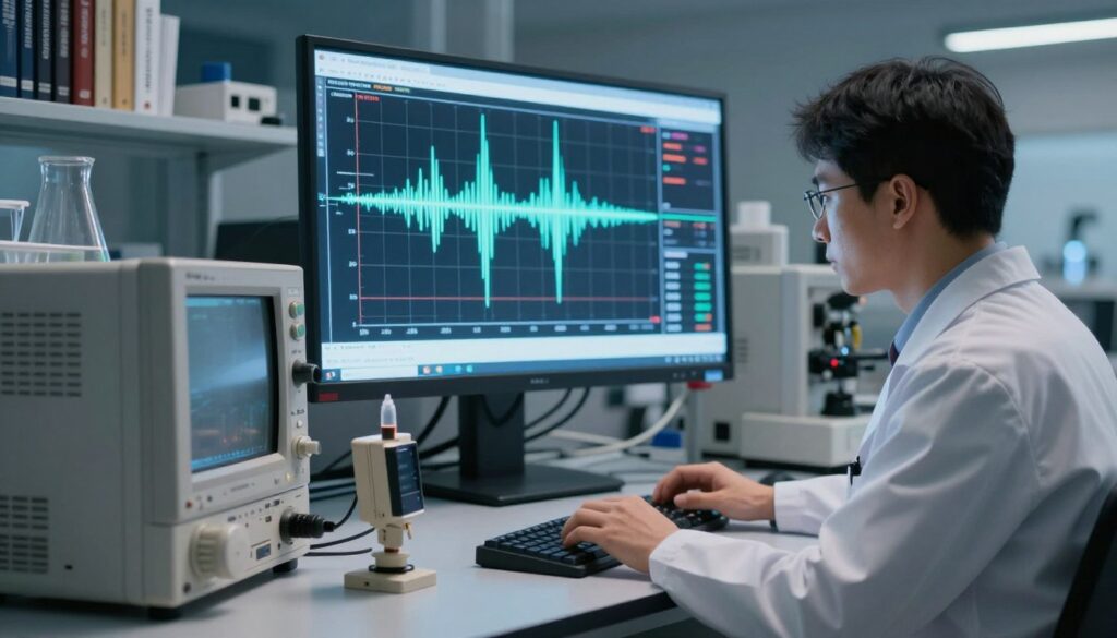 A detailed illustration showcasing the practical applications of the frequency unit of vibration measurement. In the foreground, feature a modern laboratory setting with a professional scientist in business attire conducting experiments with high-tech equipment, such as oscilloscopes and vibration sensors. In the middle ground, display a graph showing frequency measurements and waveforms on a large screen, illuminated by soft, focused lighting to highlight the data. In the background, include shelves filled with scientific books and devices, creating a sense of depth and a learned atmosphere. The overall mood should convey a sense of innovation and precision, captured from a slight angle to emphasize the dynamic nature of scientific research.