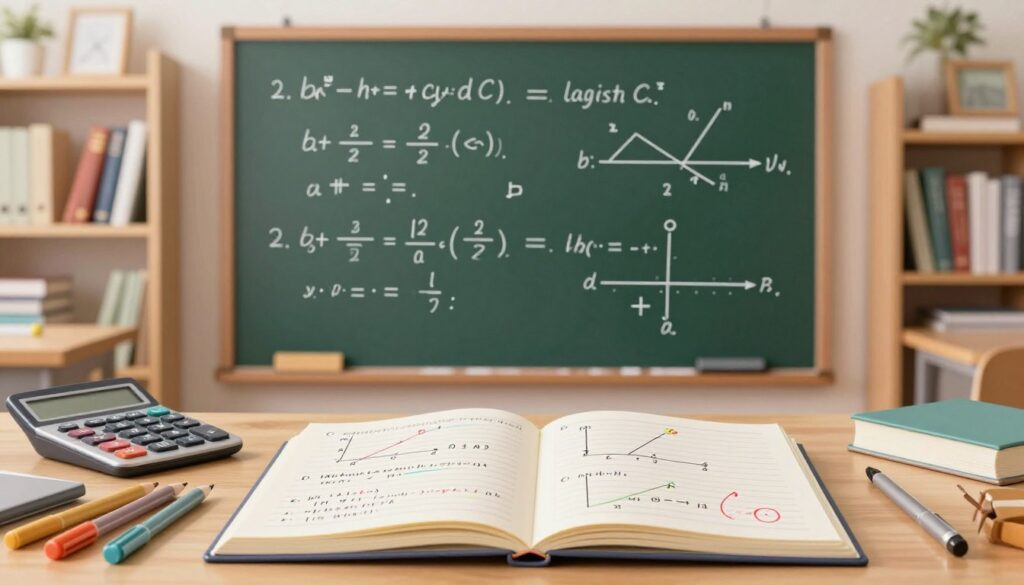 A detailed illustration showing step-by-step examples of logarithms with different bases. In the foreground, a clear and well-organized desk with an open notebook filled with neatly written calculations and colorful diagrams of logarithmic functions. To the left, a set of mathematical tools like a calculator and a set of colored pens. In the middle, a chalkboard displaying examples of logarithmic equations, with crucial steps highlighted in different colors. The background features a classroom setting with shelves of books on mathematics, softly illuminated by warm ambient light. The atmosphere is focused and educational, with a sense of clarity and understanding, inviting the viewer to engage with the learning process and absorb the knowledge being presented. Bright but soft lighting creates a welcoming environment, perfect for studying. A detailed illustration showing step-by-step examples of logarithms with different bases. In the foreground, a clear and well-organized desk with an open notebook filled with neatly written calculations and colorful diagrams of logarithmic functions. To the left, a set of mathematical tools like a calculator and a set of colored pens. In the middle, a chalkboard displaying examples of logarithmic equations, with crucial steps highlighted in different colors. The background features a classroom setting with shelves of books on mathematics, softly illuminated by warm ambient light. The atmosphere is focused and educational, with a sense of clarity and understanding, inviting the viewer to engage with the learning process and absorb the knowledge being presented. Bright but soft lighting creates a welcoming environment, perfect for studying.