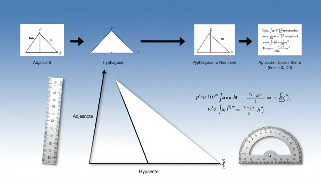 A detailed step-by-step illustration of calculating the hypotenuse in a right triangle. In the foreground, show a large, clear right triangle with labeled sides: the two shorter sides (adjacent and opposite) and the hypotenuse. Use a ruler and a protractor to represent measurement tools alongside scientific notations and equations related to the Pythagorean theorem. In the middle ground, display a sequence of smaller images or diagrams that depict each calculation step, including diagrams, graphs, and explanations that break down the problem visually. The background should be a subtle gradient of blue, conveying a calm, educational atmosphere. Use soft, even lighting to enhance clarity and focus on the mathematical elements, with a slightly angled perspective to give depth to the composition.