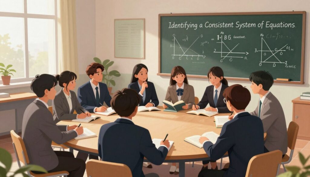A detailed, visually engaging illustration depicting a mathematical classroom scene focused on the concept of "Identifying a Consistent System of Equations." In the foreground, a neatly drawn chalkboard filled with equations and graphical representations, showcasing various systems of equations—some labeled as consistent and others as inconsistent. In the middle ground, a diverse group of students in professional attire, intently discussing the equations at a circular table, flipping through textbooks and notes. The background features a well-lit classroom with large windows, allowing natural light to filter in, enhancing the academic atmosphere. Soft shadows create depth, while the overall mood is one of focused collaboration and discovery, emphasizing the analytical approach to solving mathematical problems. A detailed, visually engaging illustration depicting a mathematical classroom scene focused on the concept of "Identifying a Consistent System of Equations." In the foreground, a neatly drawn chalkboard filled with equations and graphical representations, showcasing various systems of equations—some labeled as consistent and others as inconsistent. In the middle ground, a diverse group of students in professional attire, intently discussing the equations at a circular table, flipping through textbooks and notes. The background features a well-lit classroom with large windows, allowing natural light to filter in, enhancing the academic atmosphere. Soft shadows create depth, while the overall mood is one of focused collaboration and discovery, emphasizing the analytical approach to solving mathematical problems.