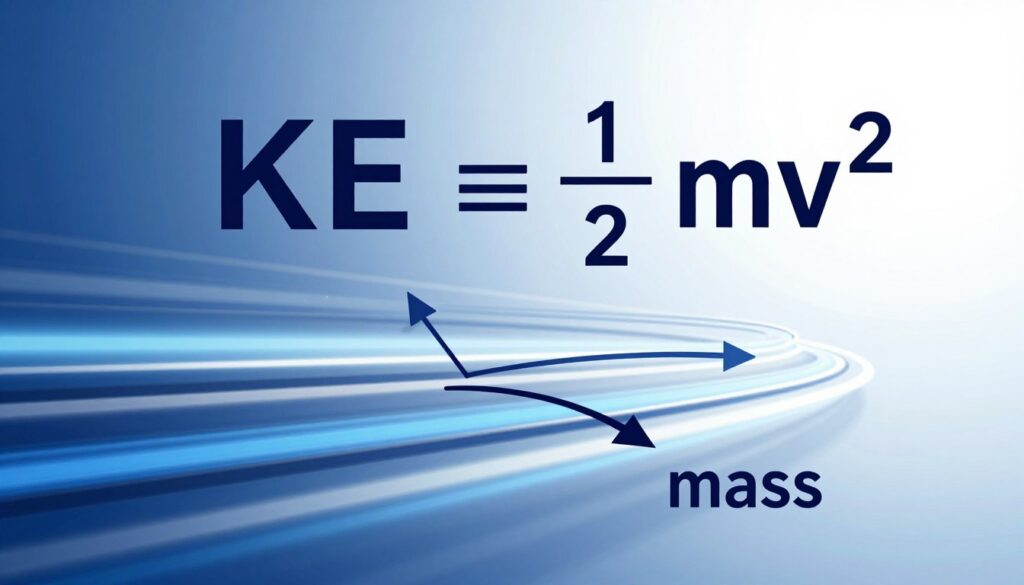 A dynamic and informative illustration of the kinetic energy formula, prominently featuring the equation "KE = 1/2 mv²" in a visually engaging manner. The foreground showcases a sleek, modern physics diagram with arrows highlighting the variables: mass and velocity. In the middle, an abstract representation of motion—like blurred lines or overlapping tracks—serves to symbolize speed and dynamism. The background should include a soft gradient, transitioning from deep blue to bright white, evoking the energy and excitement associated with physics. The lighting is bright, creating a clean and professional atmosphere that emphasizes clarity and precision. The overall mood should be educational yet inspiring, appealing to readers keen to understand the significance of kinetic energy in real-world applications.
