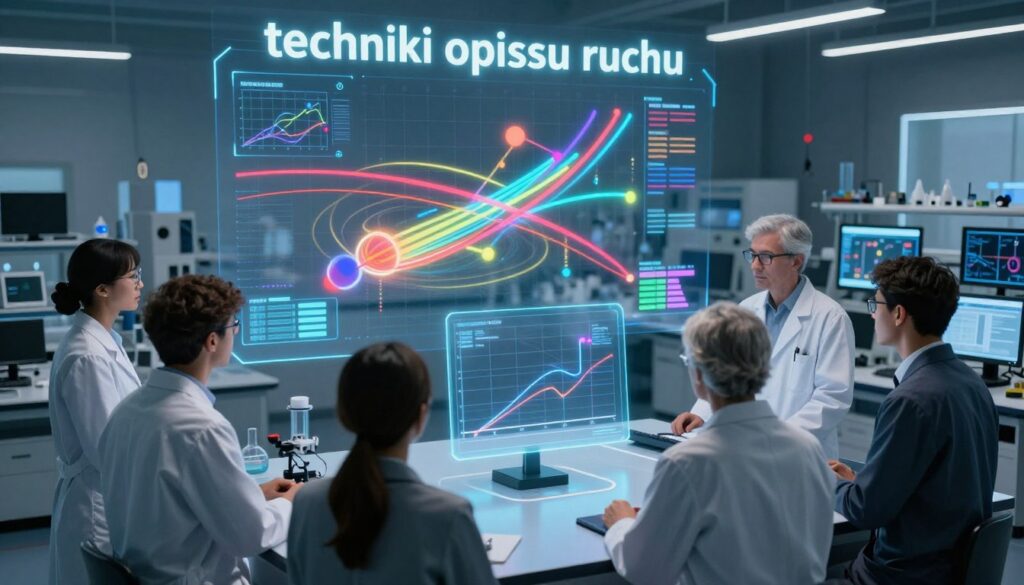 A dynamic scene illustrating "techniki opisu ruchu," showcasing various analytical methods of motion. In the foreground, a diverse group of scientists in professional attire is gathered around a holographic display showing animated graphs and diagrams of motion analysis. The middle ground features a digital projection of an object in motion, with trails depicting its trajectory, energy lines, and various forces acting upon it, all rendered in vibrant colors. In the background, a modern laboratory filled with equipment and screens displaying real-time data adds depth to the scene. Soft, focused lighting emphasizes the interactive elements, creating an atmosphere of innovation and collaboration. The angle captures the engagement and focus of the scientists, conveying a sense of discovery and understanding in the study of motion.