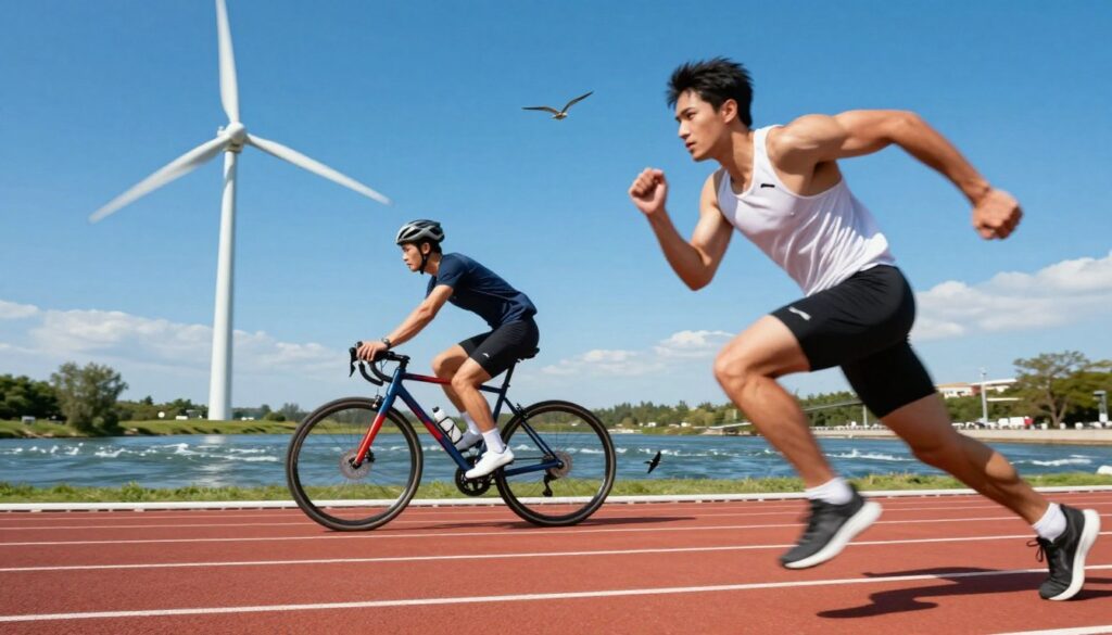 A dynamic scene showcasing various examples of kinetic energy in action. In the foreground, a skilled athlete is sprinting on a track, muscles tense and focused, with the motion blur effect emphasizing speed. In the middle ground, a cyclist is racing past, creating a sense of movement and energy, while a wind turbine spins vigorously against a vibrant blue sky, symbolizing renewable energy. In the background, a river with a fast-flowing current and birds gliding above contributes to the theme of motion. The lighting is bright and clear, evoking a sense of energy and vitality, shot from a slightly elevated angle to capture the full scope and dynamic interactions. The mood is invigorating and inspiring, ideal for illustrating the concept of kinetic energy.