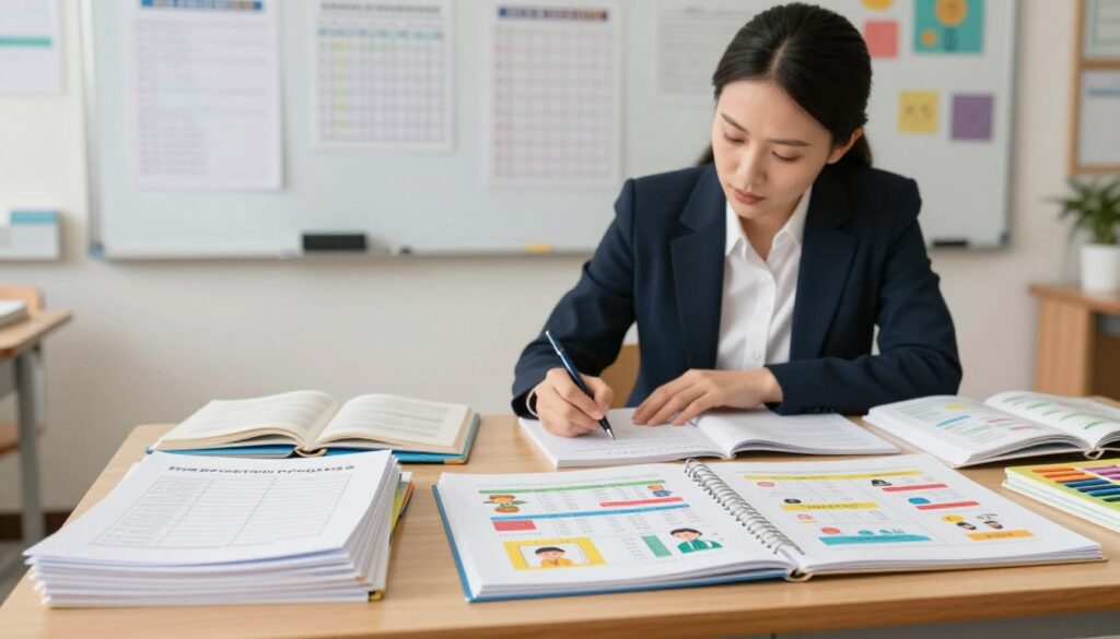 A focused image of a teacher's desk in a classroom setting, showcasing personalized documentation for supporting students' progress. In the foreground, there are neatly arranged folders and colorful charts illustrating student achievements and areas for improvement. In the middle ground, an attentive teacher dressed in professional attire is engaged in writing detailed notes, surrounded by educational materials like textbooks and learning aids. The background features a whiteboard filled with progress trackers and motivational visuals. The lighting is soft and warm, creating an inviting atmosphere conducive to learning, with a slight blur effect on the background to emphasize the teacher at work. A focused image of a teacher's desk in a classroom setting, showcasing personalized documentation for supporting students' progress. In the foreground, there are neatly arranged folders and colorful charts illustrating student achievements and areas for improvement. In the middle ground, an attentive teacher dressed in professional attire is engaged in writing detailed notes, surrounded by educational materials like textbooks and learning aids. The background features a whiteboard filled with progress trackers and motivational visuals. The lighting is soft and warm, creating an inviting atmosphere conducive to learning, with a slight blur effect on the background to emphasize the teacher at work.