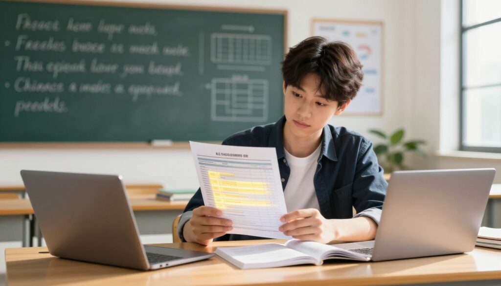 A focused student examining a report card with glowing grades in a well-lit classroom. In the foreground, a wooden desk cluttered with school supplies, a laptop, and an open book, emphasizing the importance of education. In the middle, an engaged student with short dark hair, wearing a smart casual outfit, looking thoughtfully at their academic achievements. In the background, a chalkboard filled with motivational quotes and educational charts, symbolizing a learning environment. Soft natural light streaming through a window casts gentle shadows, creating a warm and optimistic atmosphere, highlighting the theme of achievement and the significance of grades in educational advancement. A focused student examining a report card with glowing grades in a well-lit classroom. In the foreground, a wooden desk cluttered with school supplies, a laptop, and an open book, emphasizing the importance of education. In the middle, an engaged student with short dark hair, wearing a smart casual outfit, looking thoughtfully at their academic achievements. In the background, a chalkboard filled with motivational quotes and educational charts, symbolizing a learning environment. Soft natural light streaming through a window casts gentle shadows, creating a warm and optimistic atmosphere, highlighting the theme of achievement and the significance of grades in educational advancement.