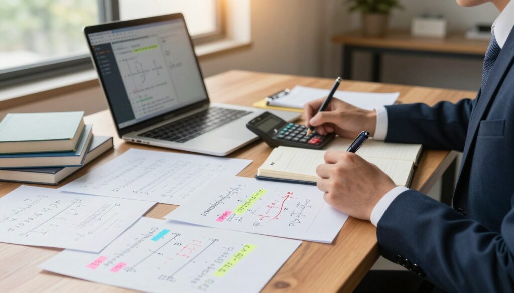 A focused study environment featuring a large wooden desk covered with a variety of mathematical papers, solved equations, and parameters highlighted in vibrant colors. In the foreground, a professional individual in business attire is deeply engaged in solving linear equations, utilizing a calculator and a notebook. The middle ground includes an open laptop displaying a mathematical software interface, while a few textbooks about linear equations are stacked nearby. The background features a soft-focus window with natural light filtering in, casting a warm glow over the scene, enhancing the studious atmosphere. The mood is serious and intellectual, inviting viewers to engage deeply with the concepts of parameters in equations. A focused study environment featuring a large wooden desk covered with a variety of mathematical papers, solved equations, and parameters highlighted in vibrant colors. In the foreground, a professional individual in business attire is deeply engaged in solving linear equations, utilizing a calculator and a notebook. The middle ground includes an open laptop displaying a mathematical software interface, while a few textbooks about linear equations are stacked nearby. The background features a soft-focus window with natural light filtering in, casting a warm glow over the scene, enhancing the studious atmosphere. The mood is serious and intellectual, inviting viewers to engage deeply with the concepts of parameters in equations.