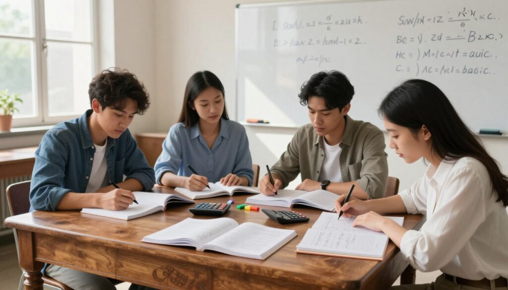A focused study scene featuring a diverse group of three students in a well-lit classroom, engrossed in practical algebra calculations. The foreground includes an ornate wooden desk cluttered with open textbooks, notebooks filled with neatly written equations, and calculators. In the middle, a whiteboard displays various algebraic expressions, colorful markers scattered nearby. The background features large windows allowing natural light to filter in, casting soft shadows across the room. The atmosphere is collaborative and intellectually stimulating, with students wearing casual yet professional attire, engaged in mathematical discussions. The image is captured from a slightly elevated angle to give depth, emphasizing the practical application of algebraic concepts. A focused study scene featuring a diverse group of three students in a well-lit classroom, engrossed in practical algebra calculations. The foreground includes an ornate wooden desk cluttered with open textbooks, notebooks filled with neatly written equations, and calculators. In the middle, a whiteboard displays various algebraic expressions, colorful markers scattered nearby. The background features large windows allowing natural light to filter in, casting soft shadows across the room. The atmosphere is collaborative and intellectually stimulating, with students wearing casual yet professional attire, engaged in mathematical discussions. The image is captured from a slightly elevated angle to give depth, emphasizing the practical application of algebraic concepts.