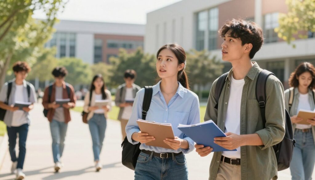A group of diverse young adults, representing recent graduates from technical school, are gathered on a university campus, looking enthusiastic and hopeful. In the foreground, two graduates, one male and one female, are discussing their study plans, both dressed in smart casual attire. The middle ground showcases a bustling university environment with students walking around and modern buildings in the background. Sunlight filters through the trees, casting soft shadows on the ground, creating a warm and inviting atmosphere. The scene is captured from a slightly low angle to emphasize the graduates' ambition, with a shallow depth of field that softly blurs the background, focusing attention on the graduates' expressions of determination and excitement for their new academic journey. A group of diverse young adults, representing recent graduates from technical school, are gathered on a university campus, looking enthusiastic and hopeful. In the foreground, two graduates, one male and one female, are discussing their study plans, both dressed in smart casual attire. The middle ground showcases a bustling university environment with students walking around and modern buildings in the background. Sunlight filters through the trees, casting soft shadows on the ground, creating a warm and inviting atmosphere. The scene is captured from a slightly low angle to emphasize the graduates' ambition, with a shallow depth of field that softly blurs the background, focusing attention on the graduates' expressions of determination and excitement for their new academic journey.