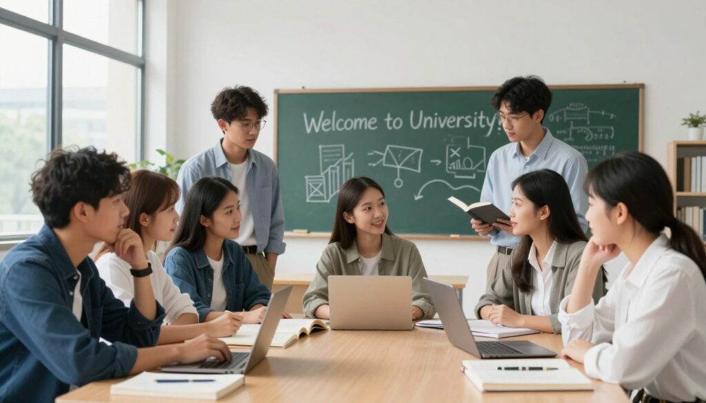 A group of young adults, recently graduated from vocational schools, is gathered in a modern university classroom. In the foreground, a diverse group of students, dressed in smart casual attire, are engaged in animated discussions while studying together at a large table scattered with books and laptops. In the middle, a chalkboard displays the phrase "Welcome to University!" along with diagrams, emphasizing a warm, welcoming educational environment. In the background, large windows allow natural light to flood the room, creating an uplifting and optimistic atmosphere. Soft lighting highlights the students' expressions of determination and excitement about their academic journey, capturing a moment of hope and possibility. The composition should evoke a sense of camaraderie and future aspirations.