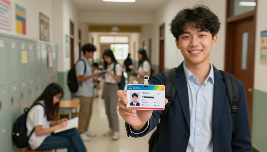 A high school student, dressed in smart casual clothing, holds a student ID card in their hand, smiling while standing in a bustling school corridor. In the foreground, the ID card is clearly visible, showcasing its vibrant colors and official design, with the student's name shown prominently. In the middle ground, fellow classmates engage in various activities, some studying at lockers and others chatting, illustrating the everyday school environment. The background features educational posters and dimly lit classroom doors, reflecting a lively school atmosphere. Soft, warm lighting enhances the scene, creating an inviting and energetic mood. The angle is slightly low, emphasizing the importance of the student ID as a tool for daily identification and access within the school community.
