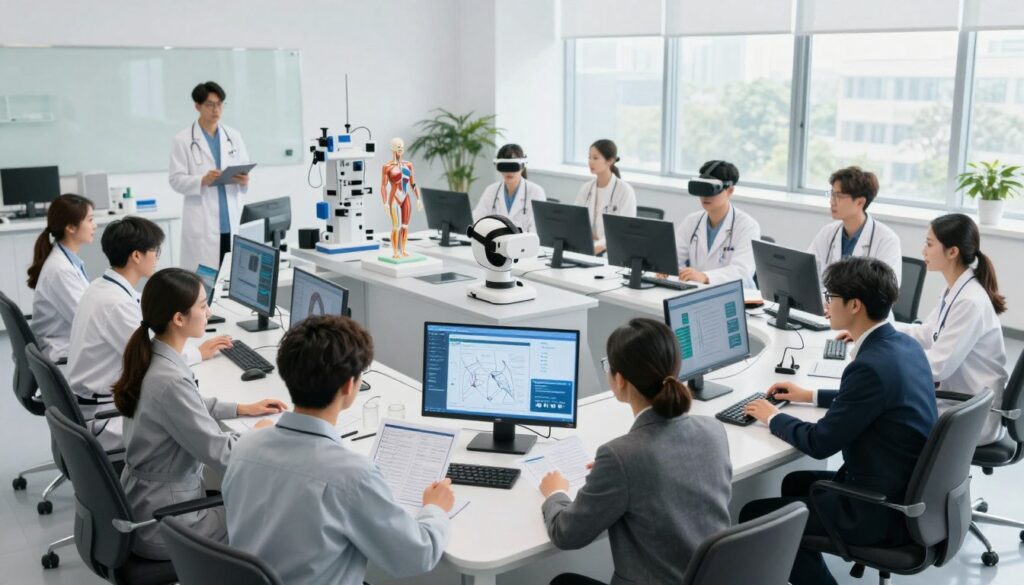 A modern and innovative medical education program scene, featuring a diverse group of medical students engaged in collaborative discussions around a high-tech classroom. In the foreground, several students in professional business attire are analyzing medical charts and interactive digital displays. The middle ground showcases advanced medical teaching tools, including virtual reality headsets and anatomical models, highlighting the cutting-edge nature of the curriculum. The background depicts a large window with natural light pouring in, creating a bright and inspiring atmosphere. The setting should evoke a sense of enthusiasm and forward-thinking in medical education, with clean lines and a minimalist design. The overall mood is one of innovation, teamwork, and professionalism, captured from a slightly elevated angle for a comprehensive overview. A modern and innovative medical education program scene, featuring a diverse group of medical students engaged in collaborative discussions around a high-tech classroom. In the foreground, several students in professional business attire are analyzing medical charts and interactive digital displays. The middle ground showcases advanced medical teaching tools, including virtual reality headsets and anatomical models, highlighting the cutting-edge nature of the curriculum. The background depicts a large window with natural light pouring in, creating a bright and inspiring atmosphere. The setting should evoke a sense of enthusiasm and forward-thinking in medical education, with clean lines and a minimalist design. The overall mood is one of innovation, teamwork, and professionalism, captured from a slightly elevated angle for a comprehensive overview.